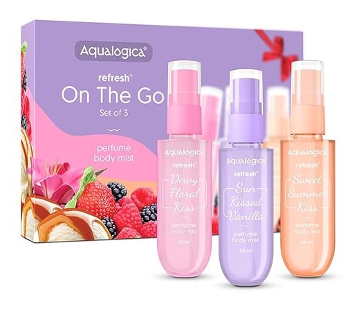 Aqualogica Refresh+ On the Go Set of 3 Perfume Body Mist | Travel Friendly | Long Lasting | Warm, Sweet & Floral Fragrance | Double Duty Mist for Hair & Body | Gifting For Valentine's Day, Birthday, Anniversary & Special Occasions | Premium Gift Pack | 20